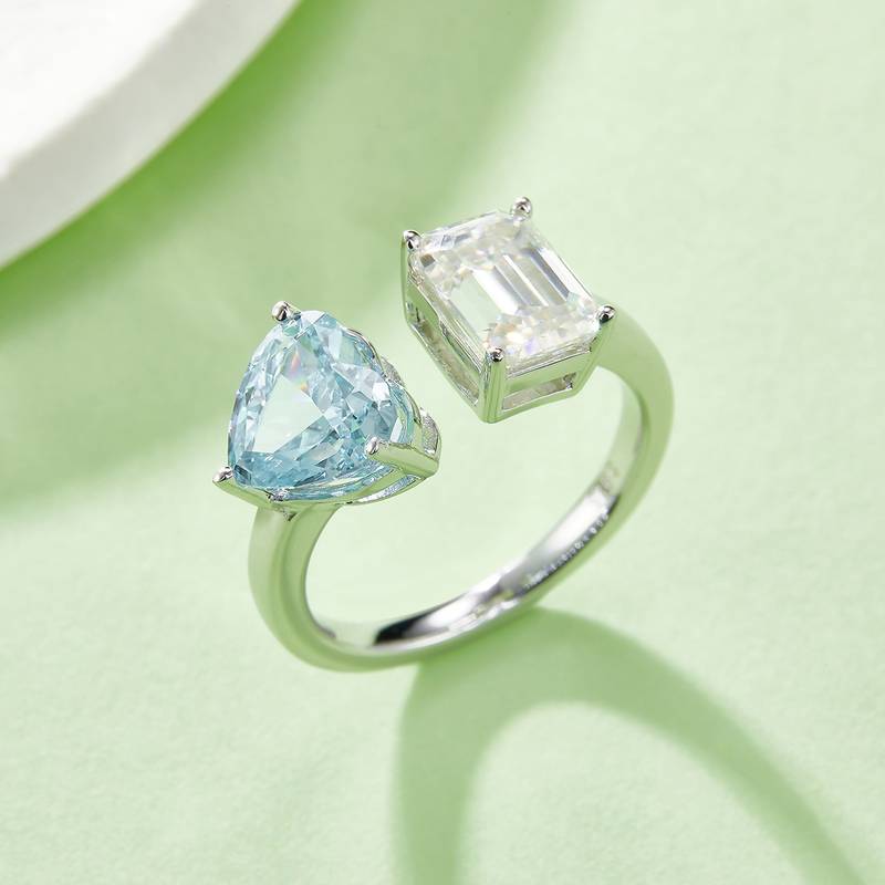 心形冰花切AND长方MoissaniteS925银镀白金Women's Ring2ctD级
